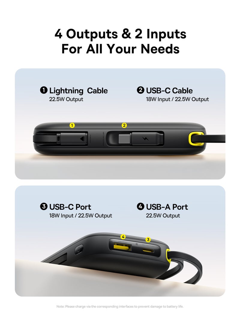 بيسوس Baseus EnerFill FC31 Power Bank with Digital Display, 22.5W Fast Charging, Built-in Lightning & USB-C Cables, and Flight Approved for Travel White - Image 4