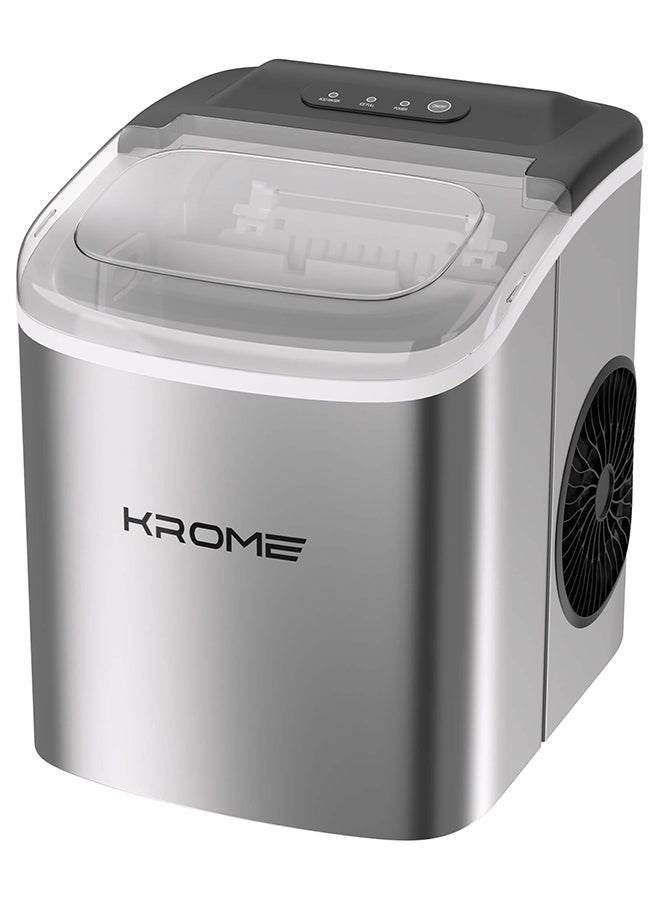 Krome Ice Maker Machine, 12kg/24h Capacity, 9 Bullet Cubes per Cycle, LED Display, Removable Basket, Soft-Touch Controls, Auto Clean, Ice Scoop Included, Ice Full & Water Alerts, 180 W KR-IM12SH Grey - Image 1