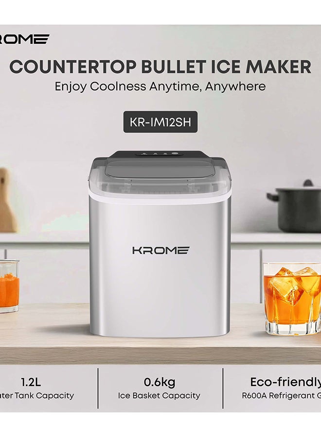 Krome Ice Maker Machine, 12kg/24h Capacity, 9 Bullet Cubes per Cycle, LED Display, Removable Basket, Soft-Touch Controls, Auto Clean, Ice Scoop Included, Ice Full & Water Alerts, 180 W KR-IM12SH Grey - Image 3