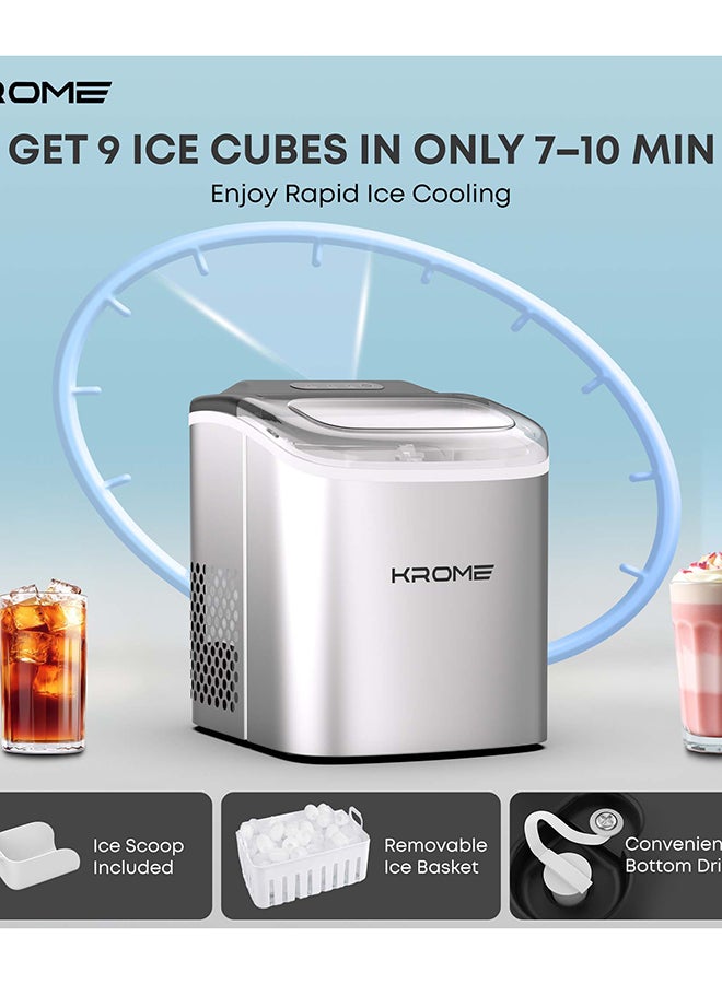 Krome Ice Maker Machine, 12kg/24h Capacity, 9 Bullet Cubes per Cycle, LED Display, Removable Basket, Soft-Touch Controls, Auto Clean, Ice Scoop Included, Ice Full & Water Alerts, 180 W KR-IM12SH Grey - Image 5