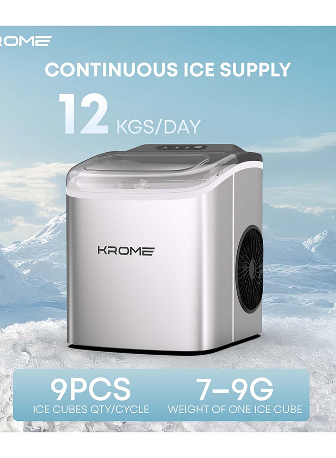 Krome Ice Maker Machine, 12kg/24h Capacity, 9 Bullet Cubes per Cycle, LED Display, Removable Basket, Soft-Touch Controls, Auto Clean, Ice Scoop Included, Ice Full & Water Alerts, 180 W KR-IM12SH Grey - Image 4