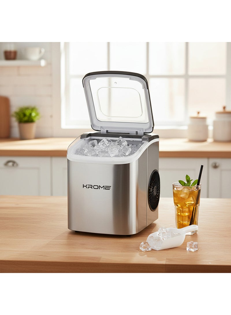 كروم آلة صنع الثلج، سعة 12 كجم/24 ساعة، 9 مكعبات كروية لكل دورة، شاشة LED، سلة قابلة للإزالة، تحكم لمسي، تنظيف تلقائي، ملعقة ثلج متضمنة، تنبيهات امتلاء الثلج والماء - Image 1