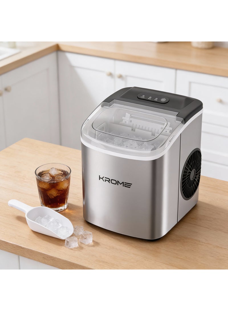 كروم آلة صنع الثلج، سعة 12 كجم/24 ساعة، 9 مكعبات كروية لكل دورة، شاشة LED، سلة قابلة للإزالة، تحكم لمسي، تنظيف تلقائي، ملعقة ثلج متضمنة، تنبيهات امتلاء الثلج والماء - Image 2