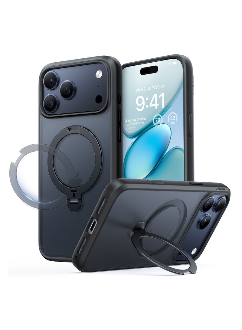 TORRAS O-Stand Spin Series iPhone 17 Pro Black Case – 360° Rotatable Kickstand, MagSafe Compatible, Mil-Grade - Black - Image 1
