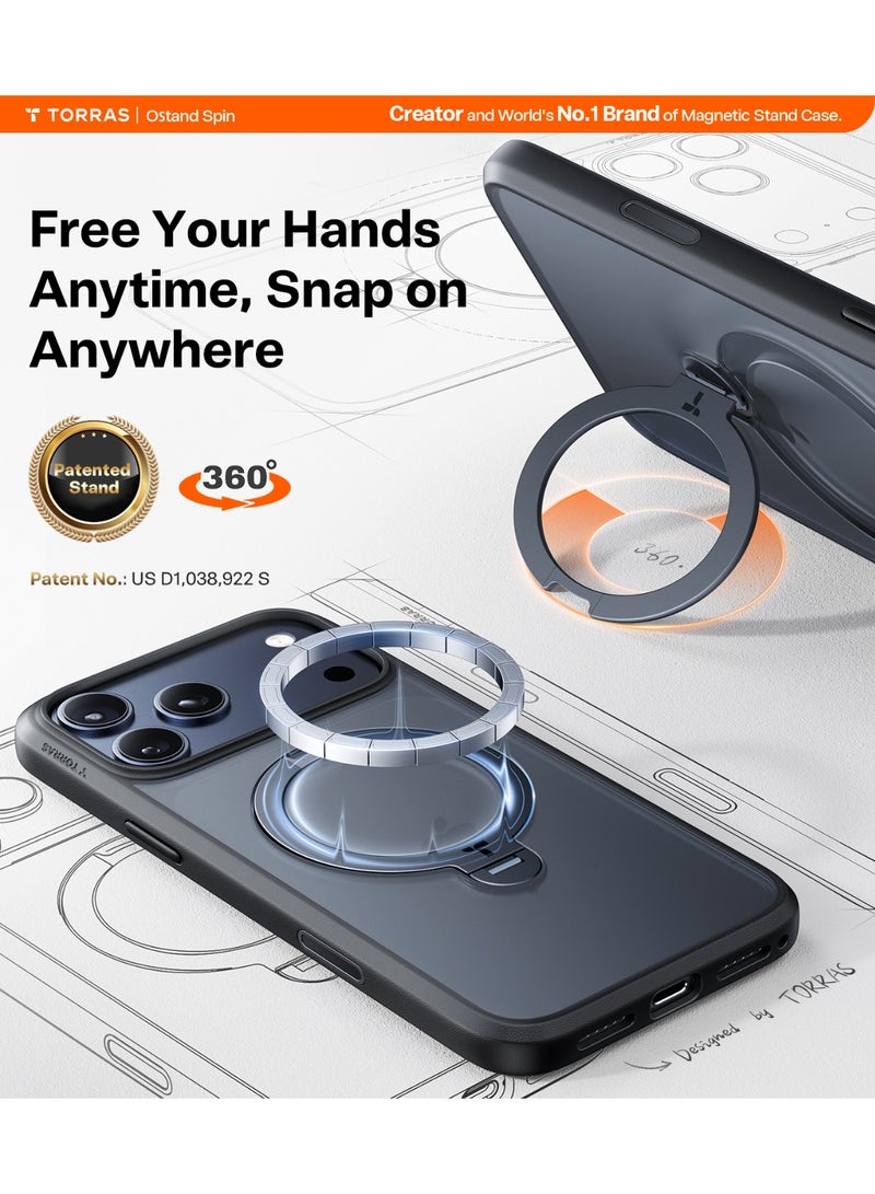 TORRAS O-Stand Spin Series iPhone 17 Pro Black Case – 360° Rotatable Kickstand, MagSafe Compatible, Mil-Grade - Black - Image 5