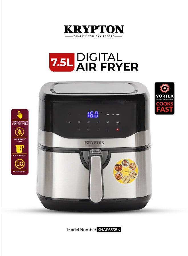 KRYPTON -Digital Air Fryer – 7.5L Capacity with 5.5L Inner Basket | VORTEX Air Frying Technology | Oil-Free Cooking | LED Touchscreen | 10 Preset Modes | 1–60 Minute Timer | Ideal for Fries, Chicken, Meat, Bread, Cake 7.5 L 1600 W KNAF6358N Black and Silver - Image 1
