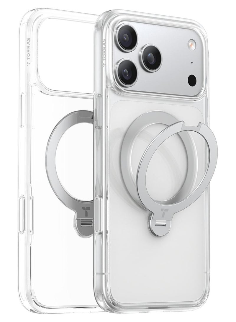 TORRAS iPhone 17 Pro Max Case Ostand Spin Series, 360° Rotating Magnetic Stand, MagSafe Compatible, Military Grade Protection with Kickstand – Clear