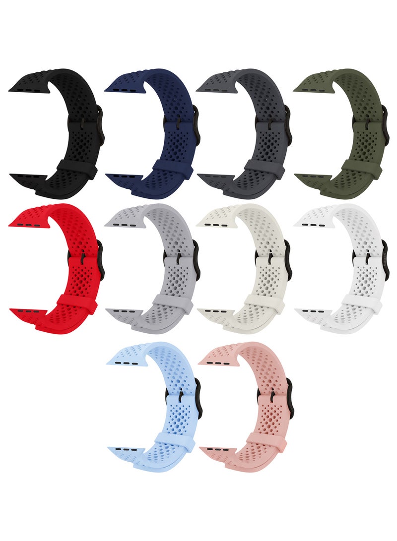 MARGOUN 10Packs 49mm/45mm/44mm/ Sport Silicone Watch Band Compatible with Apple Watch Series 9/8/7/6/5/4/3/2/1 & SE – Breathable Soft Strap with Buckle Multicolour-19 - Image 1