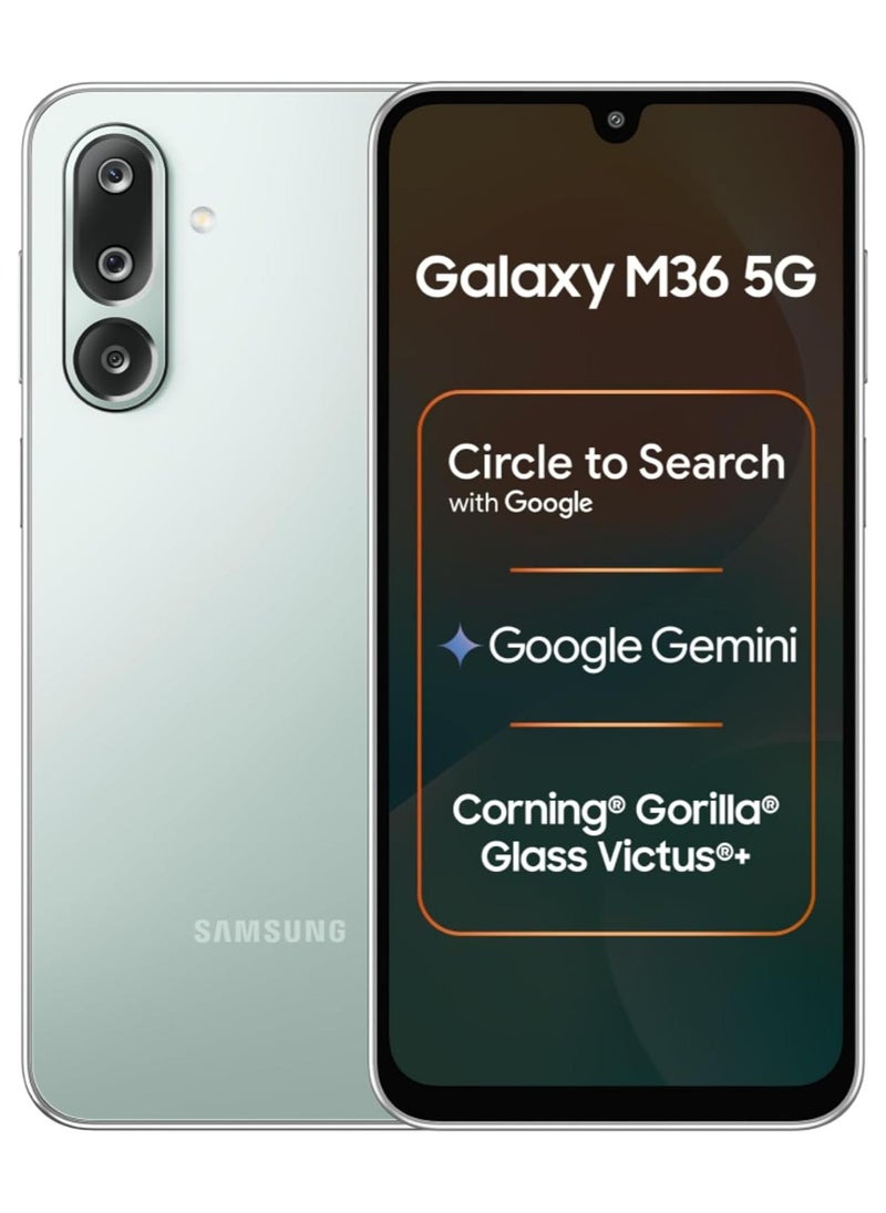 سامسونج جالاكسي M36 5G (أخضر فاتح) | 6GB+128GB | 7.7mm نحيف | زجاج غوريلا فيكتوس+ | دائرة للبحث | جوجل جمنيني | كاميرا 50MP OIS AI | تصوير ليلي | النسخة الهندية مفتوحة عالمياً - Image 1