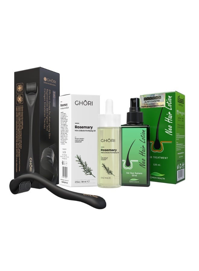 جرين ويلث لوسيون نيو للشعر + غوري إكليل الجبل، النعناع & بيوتين تركيبة إعادة نمو الشعر + غوري ديرما رولر، حزمة 3 في 1 - Image 1