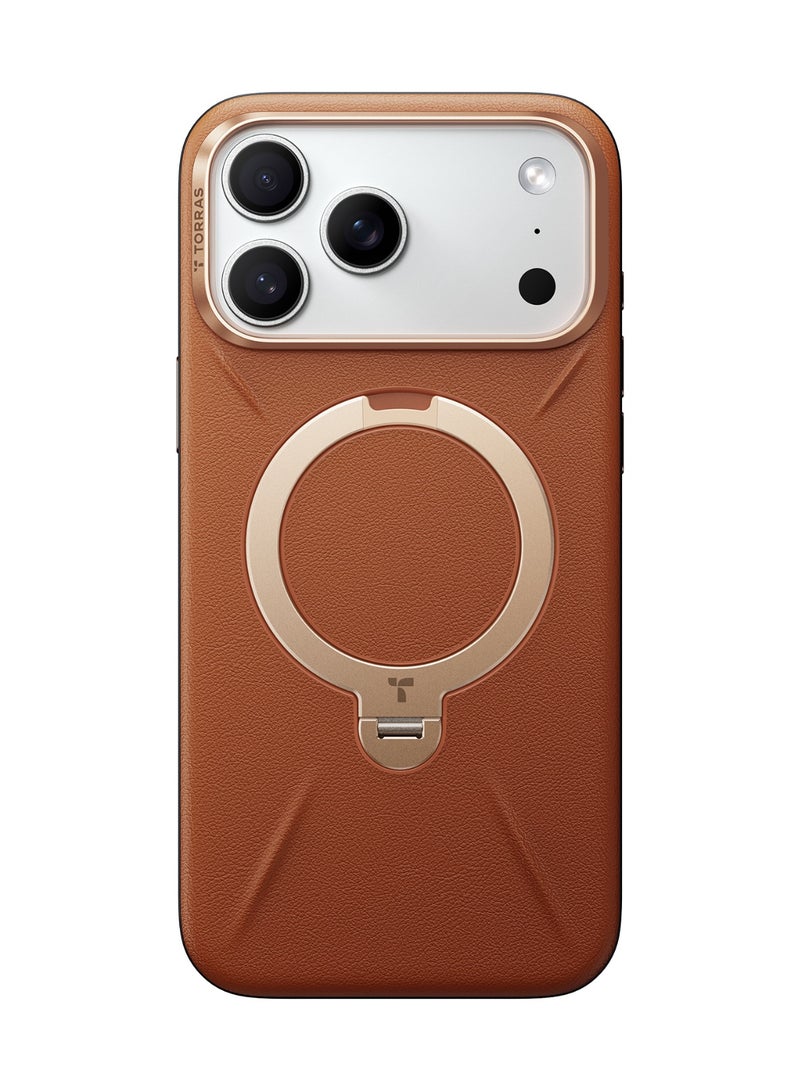 TORRAS Ostand Spin VegSkin Series Case for iPhone 17 Pro Max (6.9-Inch) 2025– Magnetic Stand, Premium Leather Touch, Ultra-Thin 360° Rotatable Metal Stand, MagSafe Compatible, Anti-Stain, Slim And Lightweight Cover - Amber Brown - Image 1