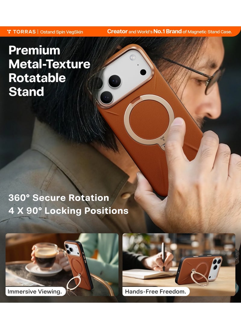 TORRAS Ostand Spin VegSkin Series Case for iPhone 17 Pro Max (6.9-Inch) 2025– Magnetic Stand, Premium Leather Touch, Ultra-Thin 360° Rotatable Metal Stand, MagSafe Compatible, Anti-Stain, Slim And Lightweight Cover - Amber Brown - Image 4