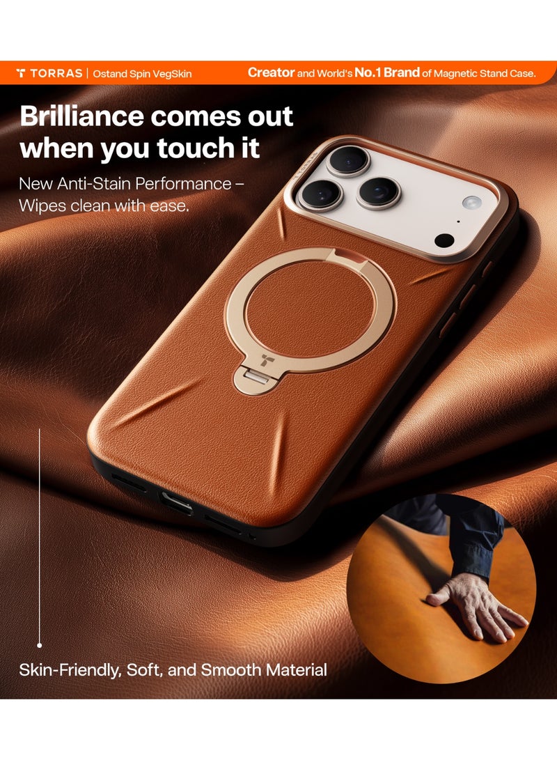 TORRAS Ostand Spin VegSkin Series Case for iPhone 17 Pro Max (6.9-Inch) 2025– Magnetic Stand, Premium Leather Touch, Ultra-Thin 360° Rotatable Metal Stand, MagSafe Compatible, Anti-Stain, Slim And Lightweight Cover - Amber Brown - Image 5