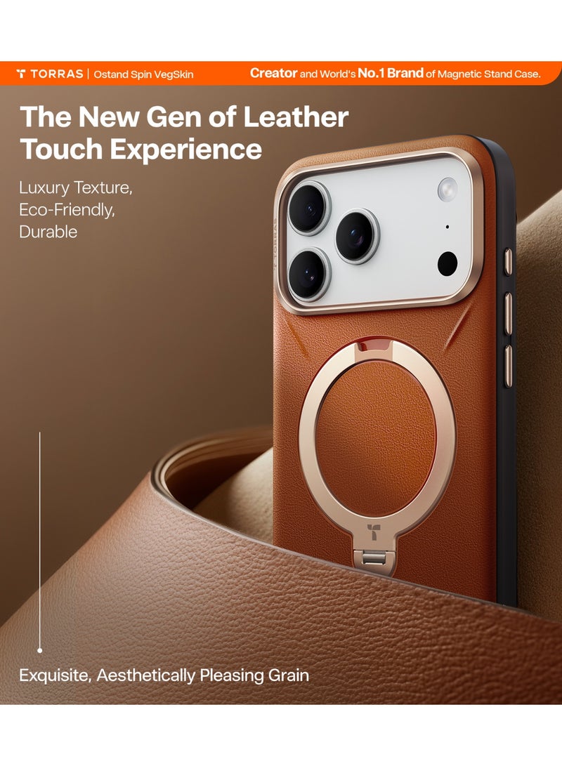 TORRAS Ostand Spin VegSkin Series Case for iPhone 17 Pro Max (6.9-Inch) 2025– Magnetic Stand, Premium Leather Touch, Ultra-Thin 360° Rotatable Metal Stand, MagSafe Compatible, Anti-Stain, Slim And Lightweight Cover - Amber Brown - Image 3