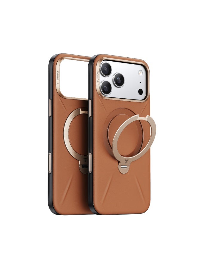 TORRAS Ostand Spin VegSkin Series Case for iPhone 17 Pro Max (6.9-Inch) 2025– Magnetic Stand, Premium Leather Touch, Ultra-Thin 360° Rotatable Metal Stand, MagSafe Compatible, Anti-Stain, Slim And Lightweight Cover - Amber Brown - Image 2