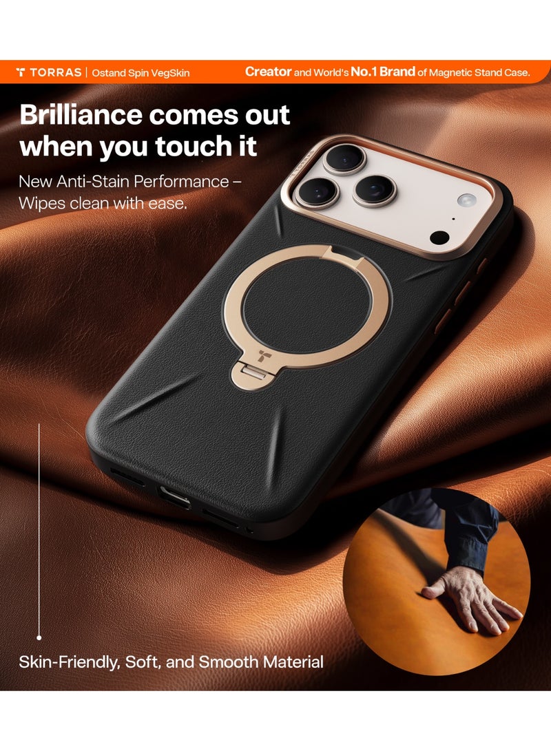 حافظة Ostand Spin VegSkin لسلسلة iPhone 17 Pro Max (6.9 بوصة) 2025 - حامل مغناطيسي، لمسة جلدية فاخرة، حامل معدني رفيع قابل للدوران 360°، متوافق مع MagSafe، مضاد للبقع، غلاف نحيف وخفيف الوزن - - Image 5