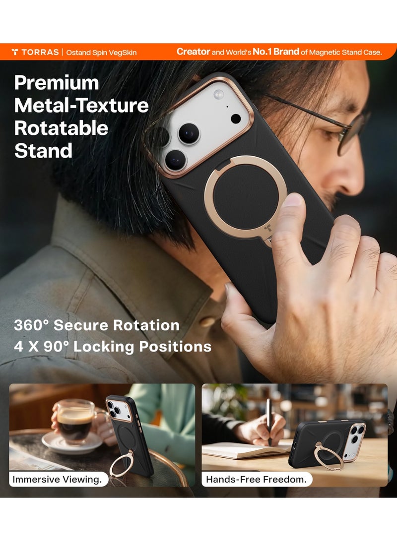 حافظة Ostand Spin VegSkin لسلسلة iPhone 17 Pro Max (6.9 بوصة) 2025 - حامل مغناطيسي، لمسة جلدية فاخرة، حامل معدني رفيع قابل للدوران 360°، متوافق مع MagSafe، مضاد للبقع، غلاف نحيف وخفيف الوزن - - Image 4