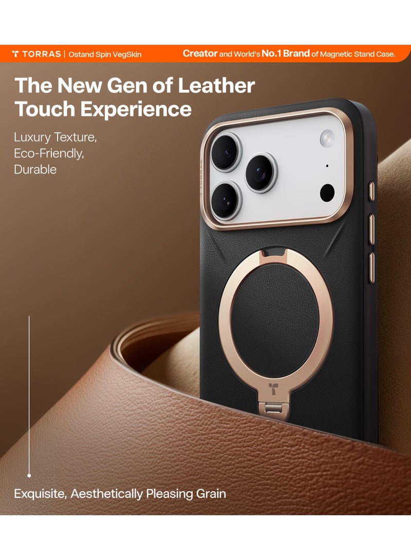 حافظة Ostand Spin VegSkin لسلسلة iPhone 17 Pro Max (6.9 بوصة) 2025 - حامل مغناطيسي، لمسة جلدية فاخرة، حامل معدني رفيع قابل للدوران 360°، متوافق مع MagSafe، مضاد للبقع، غلاف نحيف وخفيف الوزن - - Image 3
