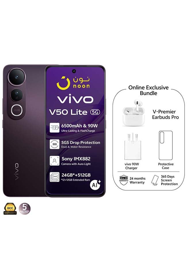 vivo V50 Lite AI 5G Dual SIM Phantom Black 12GB RAM 512GB With  Exclusive TWS + 1 Year Screen Replacement (Charger and Case Inside Phone Box) - Middle East Version - Image 1