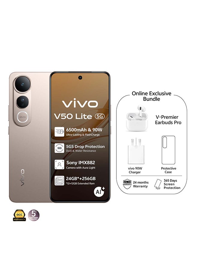 فيفو V50 لايت AI 5G ثنائي الشريحة ذهب تيتانيوم 12 جيجابايت رام 512 جيجابايت مع TWS الحصرية + 1 سنة استبدال الشاشة (شاحن وحافظة داخل صندوق الهاتف) - نسخة الشرق الأوسط - Image 1