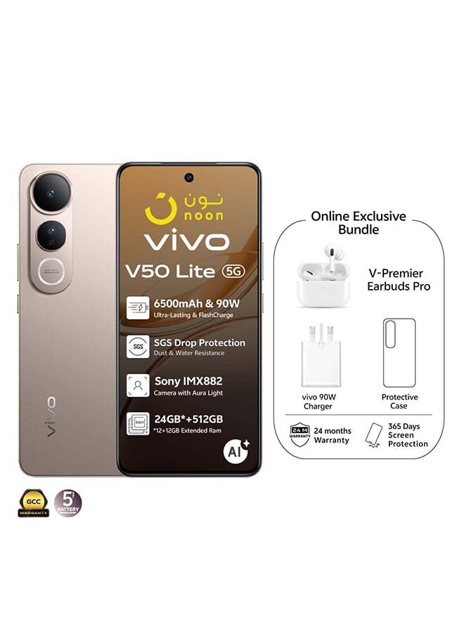 vivo V50 Lite AI 5G Dual SIM Titanium Gold 12GB RAM 512GB With  Exclusive TWS + 1 Year Screen Replacement (Charger and Case Inside Phone Box) - Middle East Version - Image 1