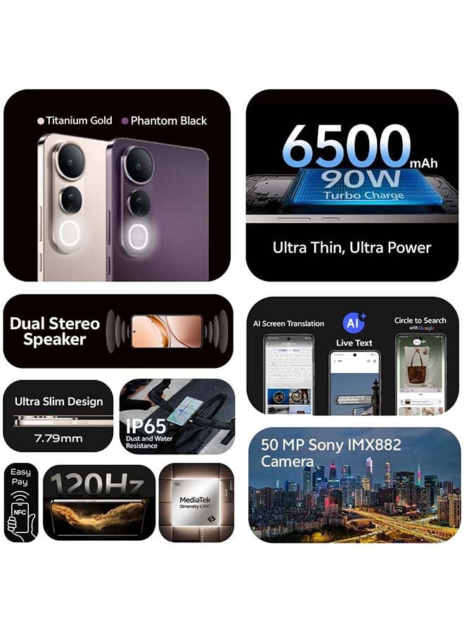 فيفو V50 لايت AI 5G ثنائي الشريحة ذهب تيتانيوم 12 جيجابايت RAM 512 جيجابايت مع ساعة ذكية حصرية + سنة واحدة استبدال الشاشة (شاحن وحافظة داخل صندوق الهاتف) - نسخة الشرق الأوسط - Image 2