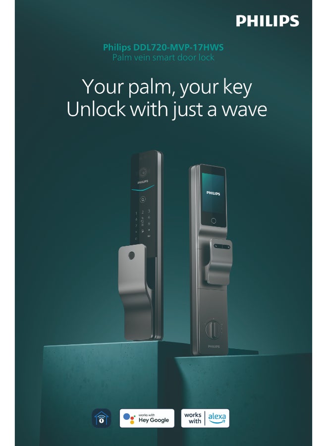 فيليبس قفل الباب الذكي Philips 720MVP، مع خاصية التعرف على أوردة راحة اليد، ومستشعر الحركة، وفتح بدون لمس، وشاشة عرض فيديو، ورؤية ليلية، وتخزين سحابي، وشاشة عالية الدقة مقاس 4 بوصات، وتنبيهات رمادي 60مم - Image 1