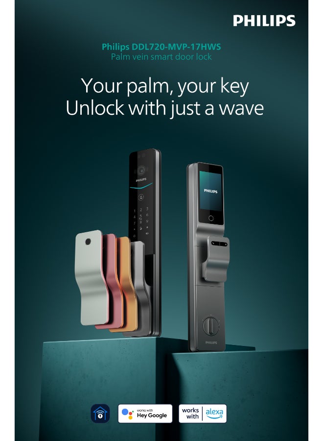 فيليبس قفل الباب الذكي Philips 720MVP، مع خاصية التعرف على أوردة راحة اليد، ومستشعر الحركة، وفتح بدون لمس، وشاشة عرض فيديو، ورؤية ليلية، وتخزين سحابي، وشاشة عالية الدقة مقاس 4 بوصات، وتنبيهات رمادي 60مم - Image 2
