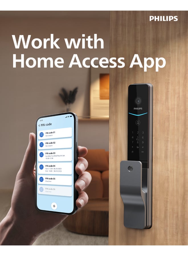 فيليبس قفل الباب الذكي Philips 720MVP، مع خاصية التعرف على أوردة راحة اليد، ومستشعر الحركة، وفتح بدون لمس، وشاشة عرض فيديو، ورؤية ليلية، وتخزين سحابي، وشاشة عالية الدقة مقاس 4 بوصات، وتنبيهات رمادي 60مم - Image 4