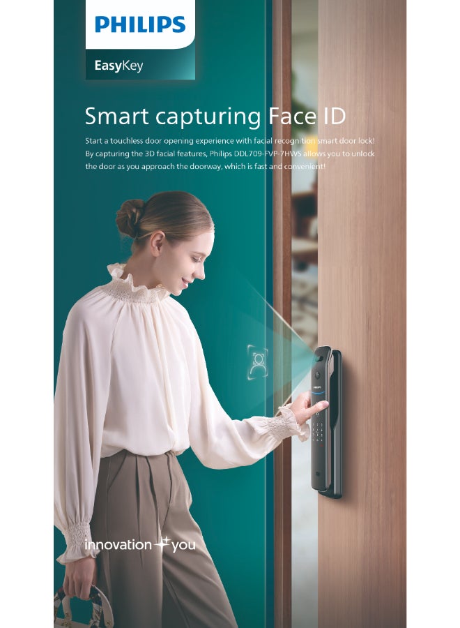 فيليبس قفل الباب الذكي فيليبس 709FVP، مع خاصية التعرف على الوجه، وخاصية التعرف على الوجه ثلاثية الأبعاد، ومستشعر الحركة، والتحكم عبر تطبيق واي فاي، وشاشة عرض IPS مقاس 4 بوصات، وقفل تلقائي، وبطارية طويلة العمر 5000 مللي أمبير/ساعة أسود 60مم - Image 3