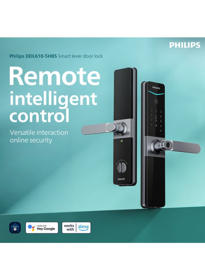 فيليبس قفل الباب الذكي Philips 610، فتح التطبيق، مقاوم للماء والغبار IP65، بصمة الإصبع، دبوس، علامة مفتاح، مفتاح ميكانيكي، يعمل مع المساعد وأليكسا رمادي 60مم - Image 1