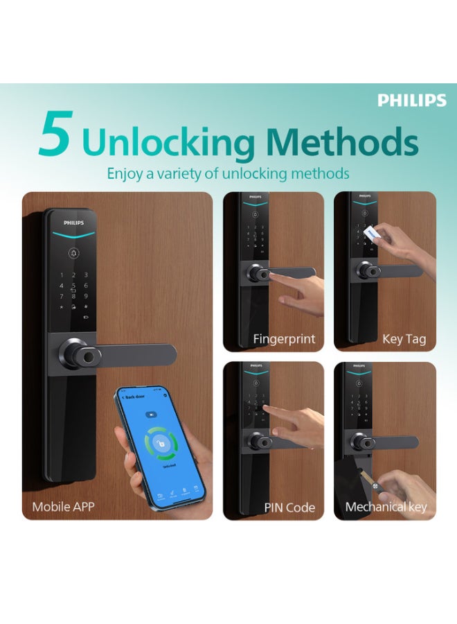 فيليبس قفل الباب الذكي Philips 610، فتح التطبيق، مقاوم للماء والغبار IP65، بصمة الإصبع، دبوس، علامة مفتاح، مفتاح ميكانيكي، يعمل مع المساعد وأليكسا رمادي 60مم - Image 3