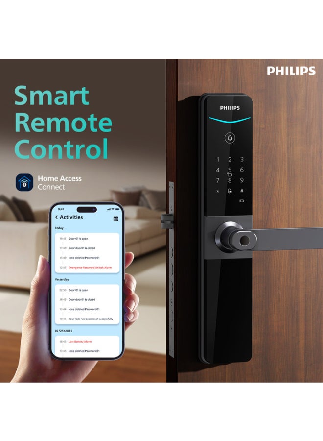فيليبس قفل الباب الذكي Philips 610، فتح التطبيق، مقاوم للماء والغبار IP65، بصمة الإصبع، دبوس، علامة مفتاح، مفتاح ميكانيكي، يعمل مع المساعد وأليكسا رمادي 60مم - Image 2