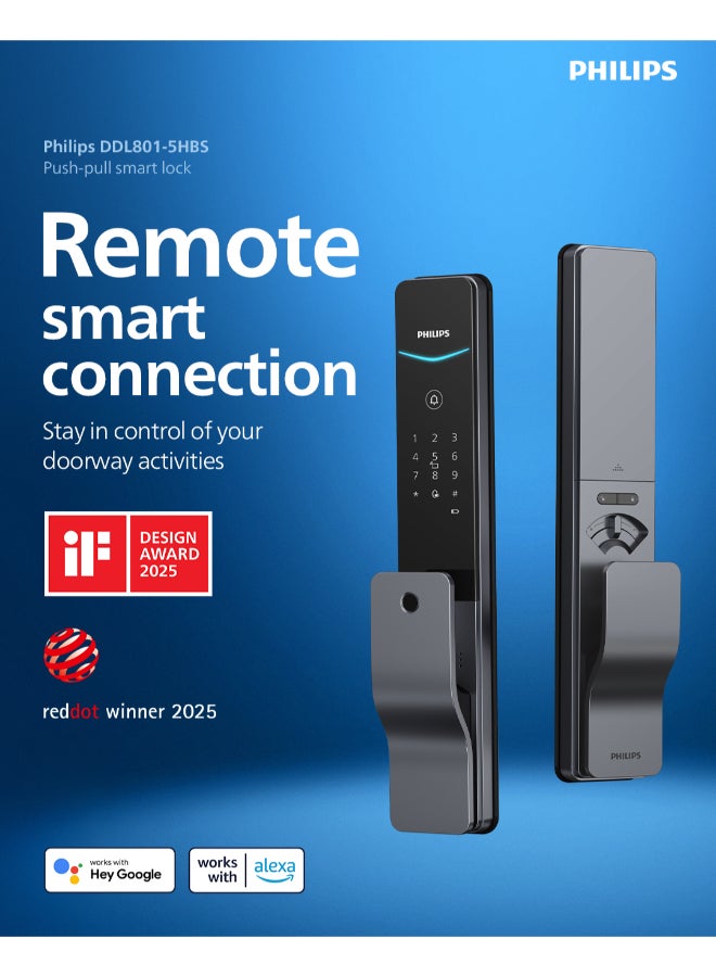 Philips Smart Door Lock 801 With Financial-Grade Fingerprint Sensor, Touch Sensor Unlock, Remote Unlock Via App, Dual Verification, Auto Mortise, Dust & Water Resistant Grey 70mm - Image 1