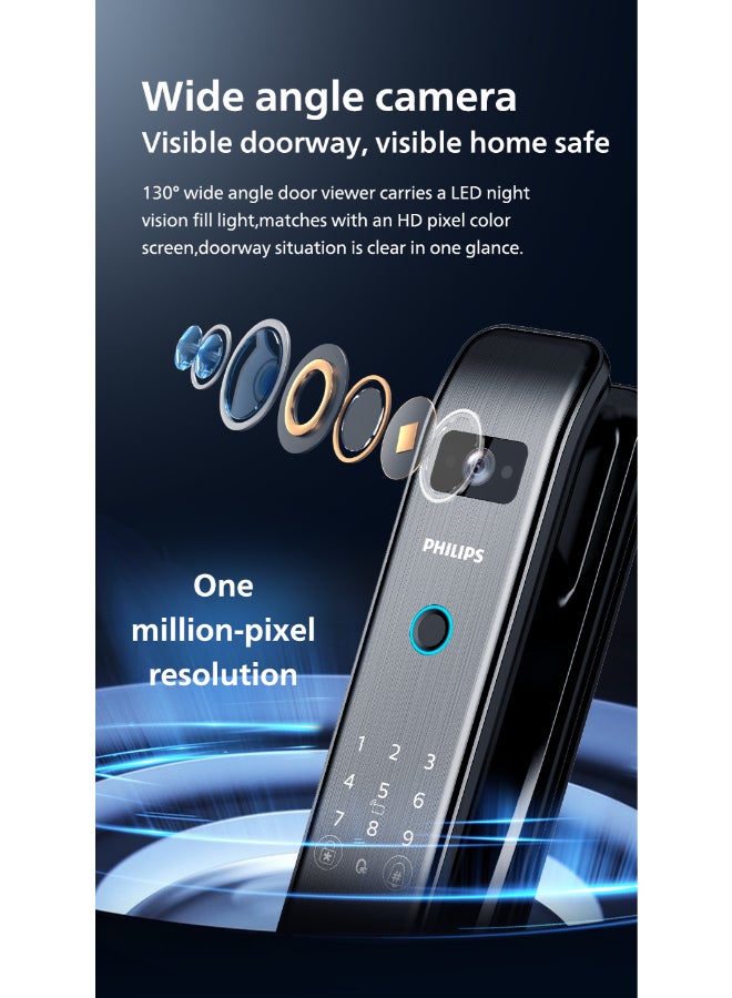 Philips Smart Door Lock 303Vp With Hd Screen, Wide Angle Camera, Remote Snapshot, Auto Lock, Built-In Doorbell, 5000Mah Battery, Smart Life App Black 70mm - Image 1