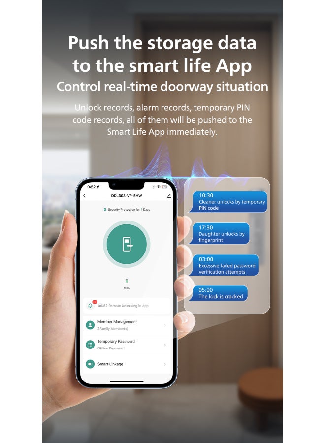 Philips Smart Door Lock 303Vp With Hd Screen, Wide Angle Camera, Remote Snapshot, Auto Lock, Built-In Doorbell, 5000Mah Battery, Smart Life App Black 70mm - Image 3