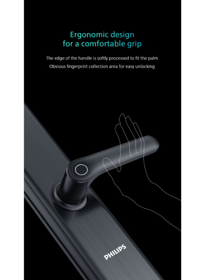 فيليبس قفل الباب الذكي Philips 7300، بلوتوث، فتح مباشر عبر التطبيق، الوصول ببصمة الإصبع، طرق فتح متعددة، قفل تلقائي، دبوس مخفي، مقبض آمن، تنبيهات ضد السرقة، تصميم مريح أسود 70مم - Image 3