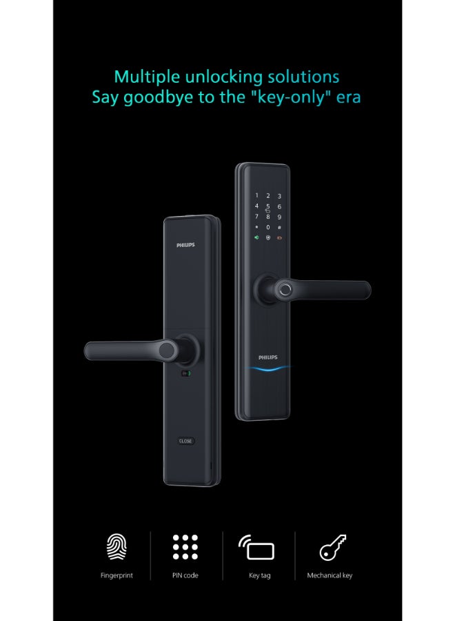 فيليبس قفل الباب الذكي Philips 7300، بلوتوث، فتح مباشر عبر التطبيق، الوصول ببصمة الإصبع، طرق فتح متعددة، قفل تلقائي، دبوس مخفي، مقبض آمن، تنبيهات ضد السرقة، تصميم مريح أسود 70مم - Image 4