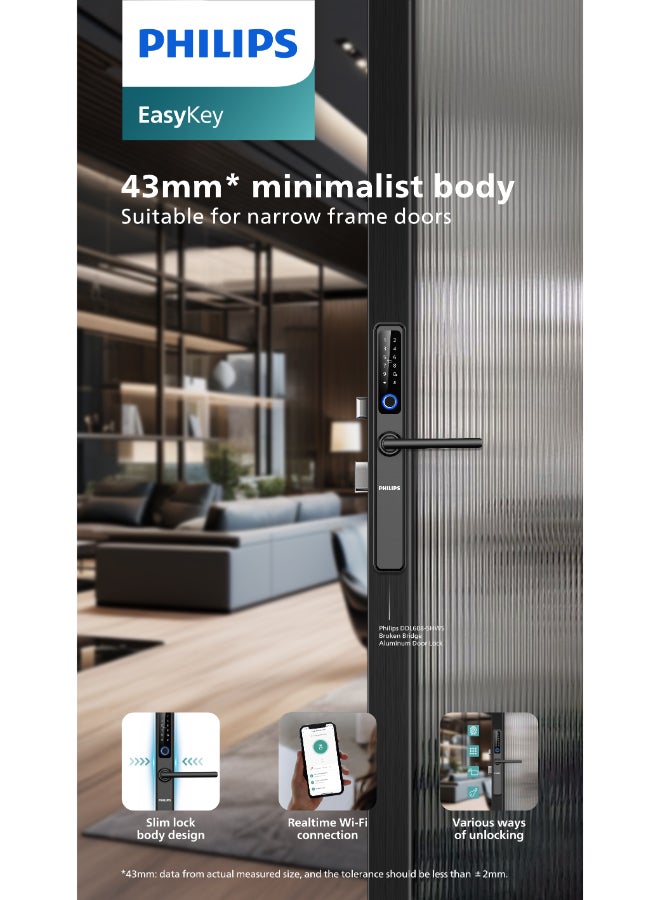 فيليبس قفل الباب الذكي Philips 608 Easykey، مناسب للإطارات الضيقة والأبواب الداخلية والخارجية، مقاوم للغبار والماء IP65، واي فاي، تنبيهات في الوقت الفعلي، مشاركة الرقم السري، طرق فتح متعددة أسود 43مم - Image 2