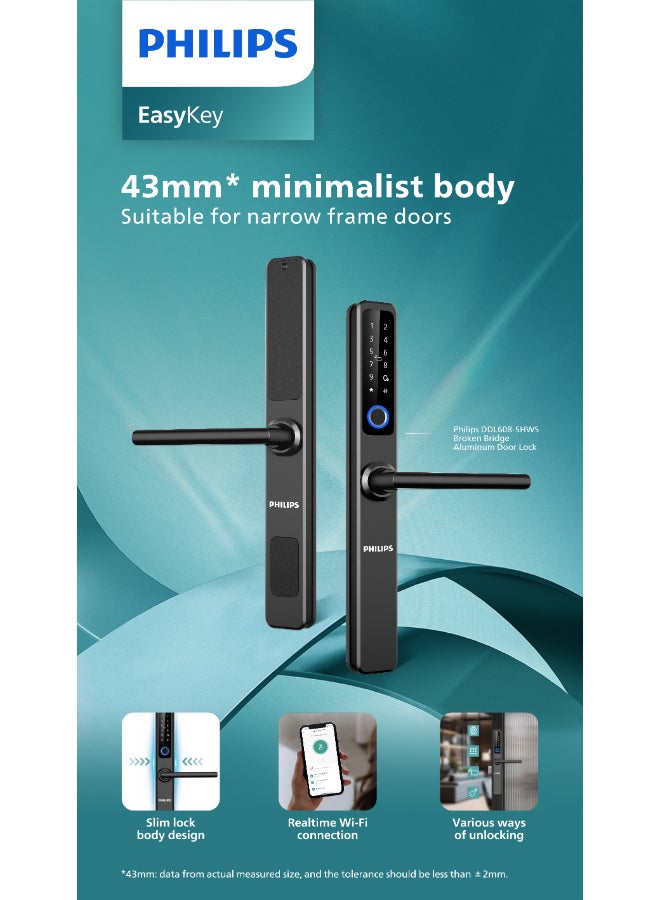 فيليبس قفل الباب الذكي Philips 608 Easykey، مناسب للإطارات الضيقة والأبواب الداخلية والخارجية، مقاوم للغبار والماء IP65، واي فاي، تنبيهات في الوقت الفعلي، مشاركة الرقم السري، طرق فتح متعددة أسود 43مم - Image 1