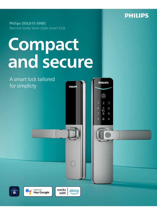 Philips Smart Door Lock 615 50 Mm Easykey , Bluetooth App Setup, Offline Pin Sharing, Intuitive Fingerprint, Dual Verification, Hidden Pin, 4 Unlock Methods, Low Battery Alert Grey - Image 1