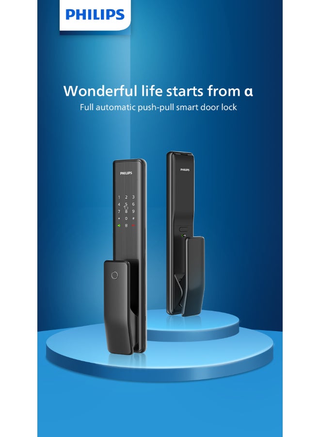 فيليبس قفل باب ذكي من فيليبس ألفا واي فاي مع خاصية التثبيت التلقائي، بصمة الإصبع، رمز سري، بطاقة مفتاح، فتح عن بُعد، تحقق مزدوج، رمز سري مخفي، مقبض أمان، أسطوانة من الفئة C، تنبيهات أسود 70مم - Image 1