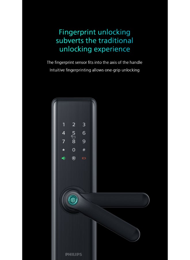 فيليبس قفل الباب الذكي Philips 7300، واي فاي، إمكانية الدخول ببصمة الإصبع، رمز PIN، بطاقة مفتاح، مفتاح ميكانيكي، طرق فتح متعددة، قفل تلقائي، رمز PIN مخفي، مقبض أمان، تنبيهات ضد السرقة، أمان عائلي أسود 60مم - Image 2