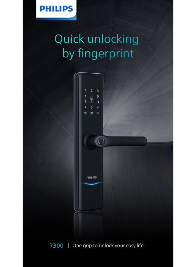 فيليبس قفل الباب الذكي Philips 7300، واي فاي، إمكانية الدخول ببصمة الإصبع، رمز PIN، بطاقة مفتاح، مفتاح ميكانيكي، طرق فتح متعددة، قفل تلقائي، رمز PIN مخفي، مقبض أمان، تنبيهات ضد السرقة، أمان عائلي أسود 60مم - Image 1