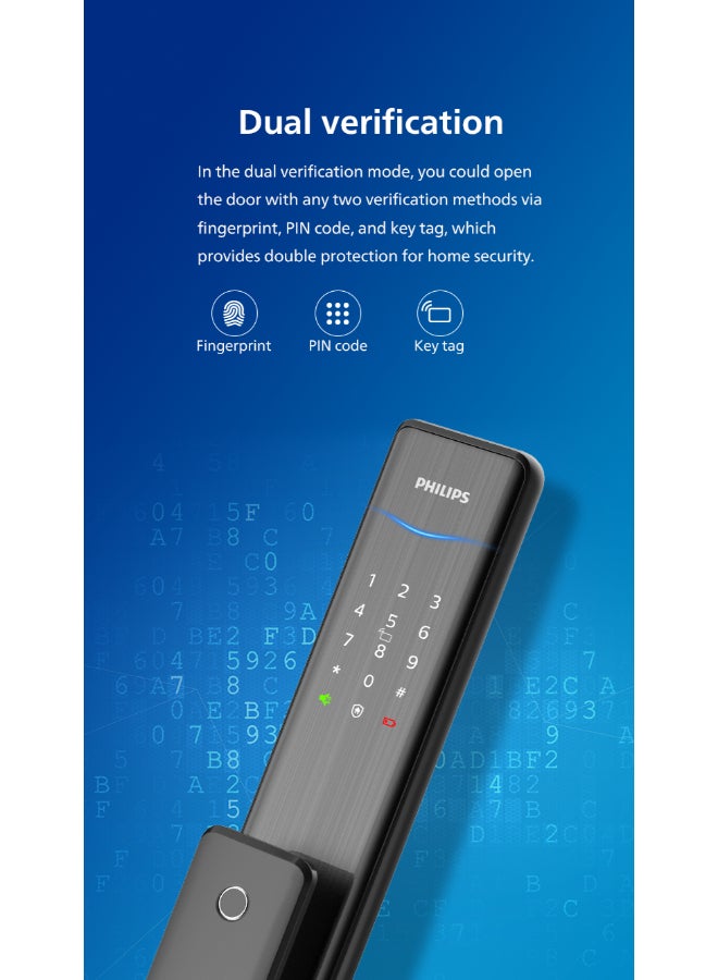 فيليبس قفل باب ذكي من فيليبس ألفا بتقنية البلوتوث مع خاصية الفتح التلقائي، وبصمة الإصبع، ورمز سري، وبطاقة مفتاح، وفتح التطبيق، والتحقق المزدوج، ودبوس مخفي، ومقبض أمان، وأسطوانة من الفئة C، وتنبيهات أسود 70مم - Image 3