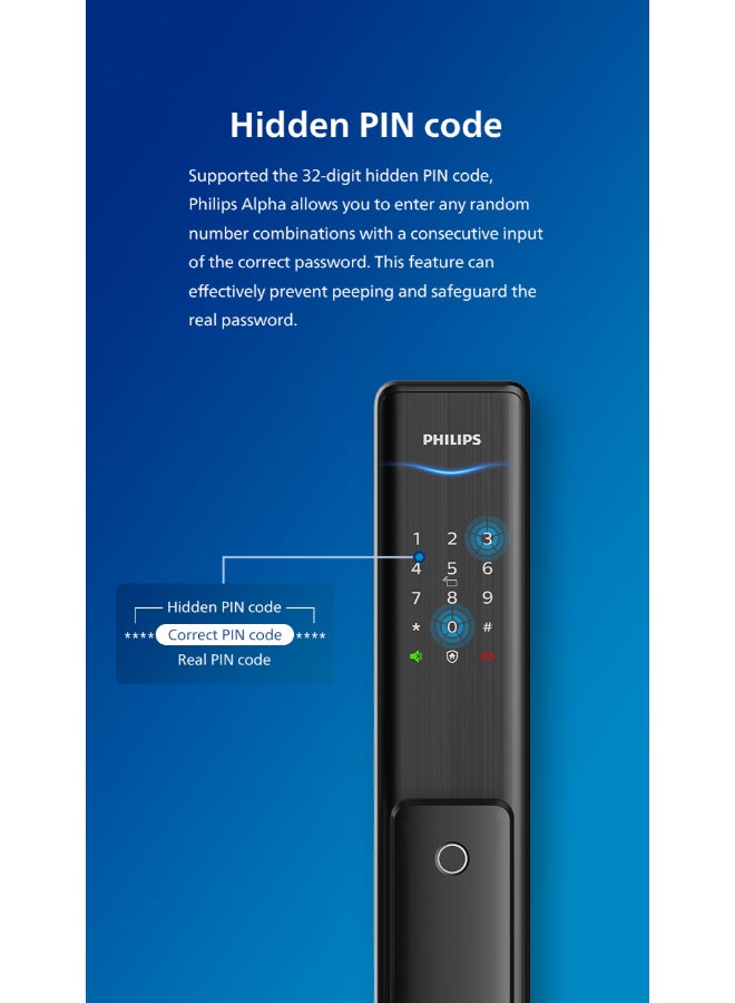 فيليبس قفل باب ذكي من فيليبس ألفا بتقنية البلوتوث مع خاصية الفتح التلقائي، وبصمة الإصبع، ورمز سري، وبطاقة مفتاح، وفتح التطبيق، والتحقق المزدوج، ودبوس مخفي، ومقبض أمان، وأسطوانة من الفئة C، وتنبيهات أسود 70مم - Image 2