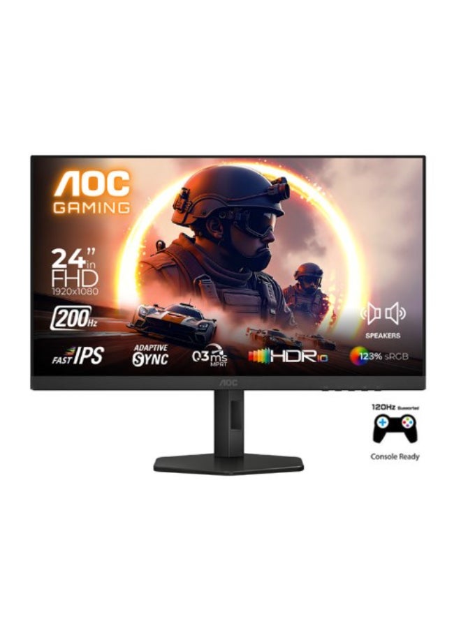 اي او سي شاشة الألعاب AOC 24G4HX بحجم 23.8 بوصة، دقة Full HD 1920x1080، HDR10، نوع لوحة IPS السريعة، معدل تحديث 200Hz، زمن استجابة 0.3ms، تقنية التزامن التكيفية، تدعم 120Hz على PS5 و Slim / Xbox Series X/S، قاعدة قابلة للتعديل في الارتفاع، مكبرات صوت مدمجة - Image 1