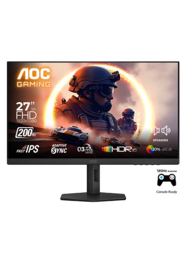 اي او سي شاشة الألعاب AOC 27G4HX مقاس 27 بوصة بدقة Full HD 1920x1080، HDR10، نوع لوحة IPS سريعة، معدل تحديث 200Hz، زمن استجابة 0.3ms، تقنية التزامن التكيفية، تدعم 120Hz على PS5 و Slim / Xbox Series X/S، قاعدة قابلة للتعديل في الارتفاع، مكبرات صوت مدمجة - Image 1
