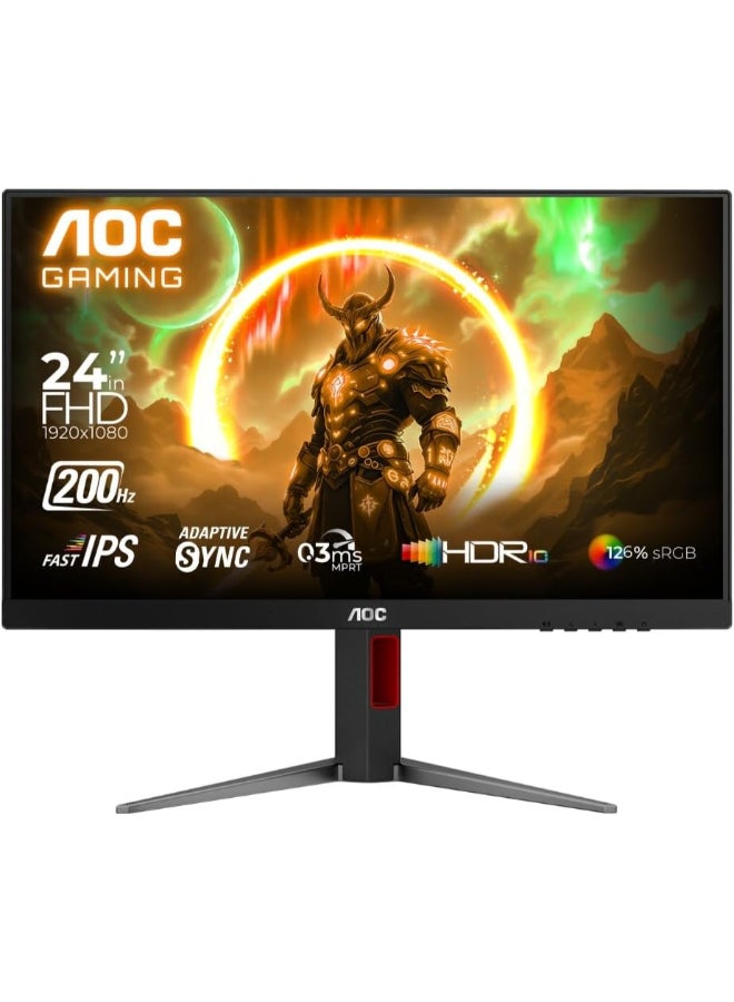 اي او سي شاشة الألعاب AOC 24G4H بحجم 23.8 بوصة، دقة Full HD 1920x1080، HDR10، نوع لوحة IPS السريعة، معدل تحديث 200Hz، زمن استجابة 0.3 مللي ثانية، تقنية التزامن التكيفية، تدعم 120Hz على PS5 و Slim / Xbox Series X/S، قاعدة قابلة للتعديل في الارتفاع، باللون الأسود - Image 1