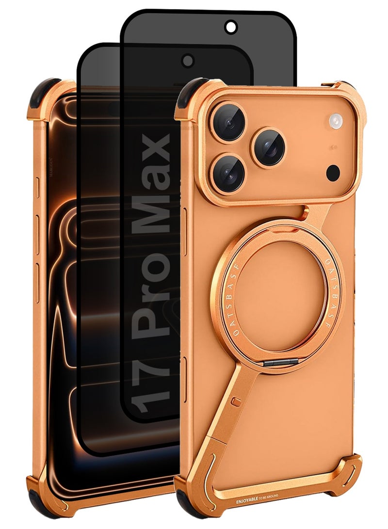 مارجون 3Packs Minimalist Phone Cover for iPhone 17 Pro Max, 360° Rotation Kickstand Aluminum Metal Frameless Design Bumper Z Case, Protective Shock Grade Shell with Two Privacy Screen Protectors - Cosmic Orange-33 - Image 1